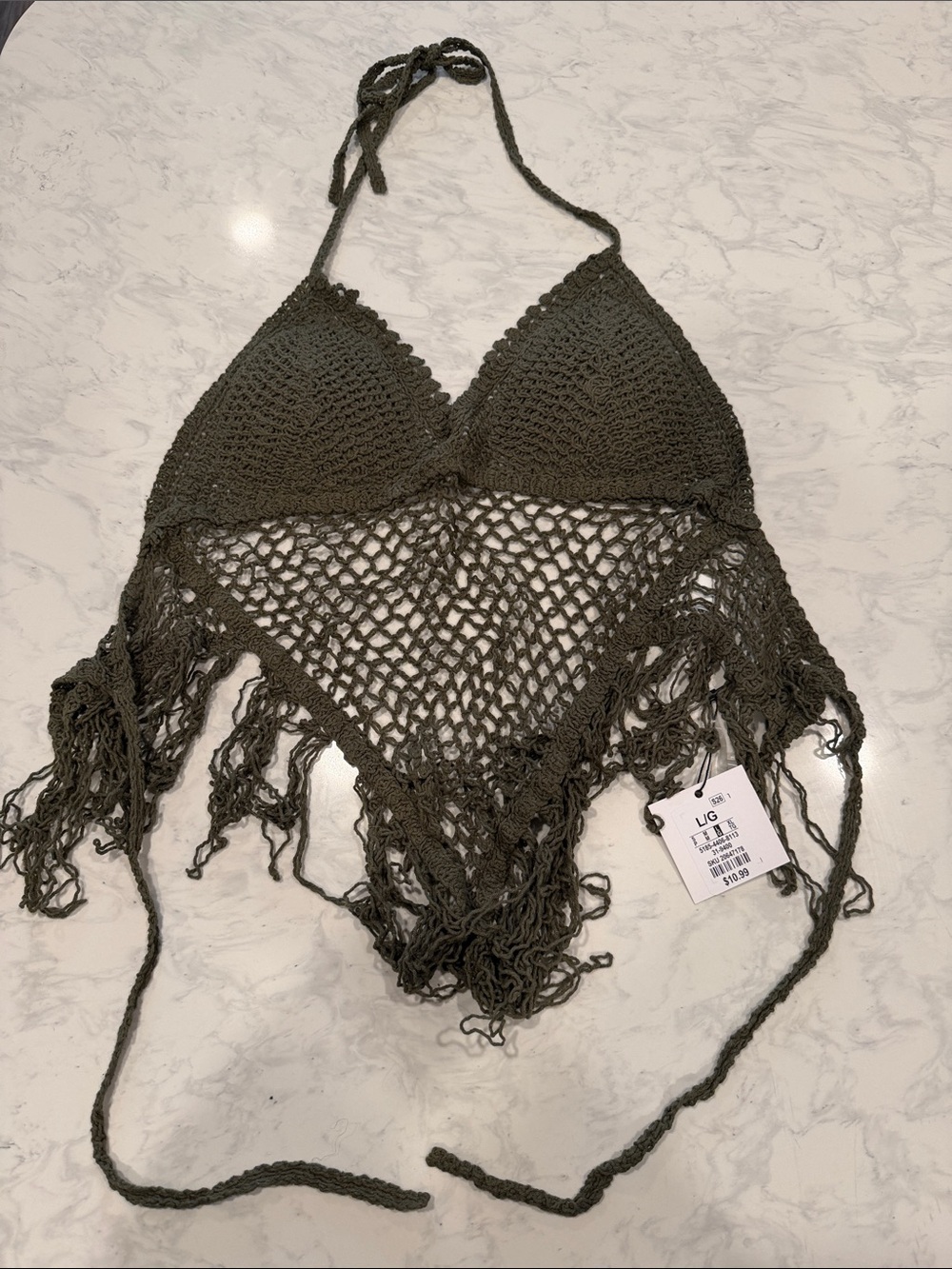 Crochet Halter Fringe Bralette - Olive
